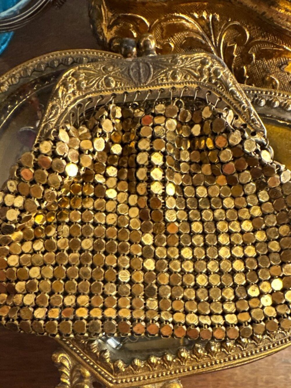 Vtg Germany Miniature Metal Mesh Change Purse Metallic Gold